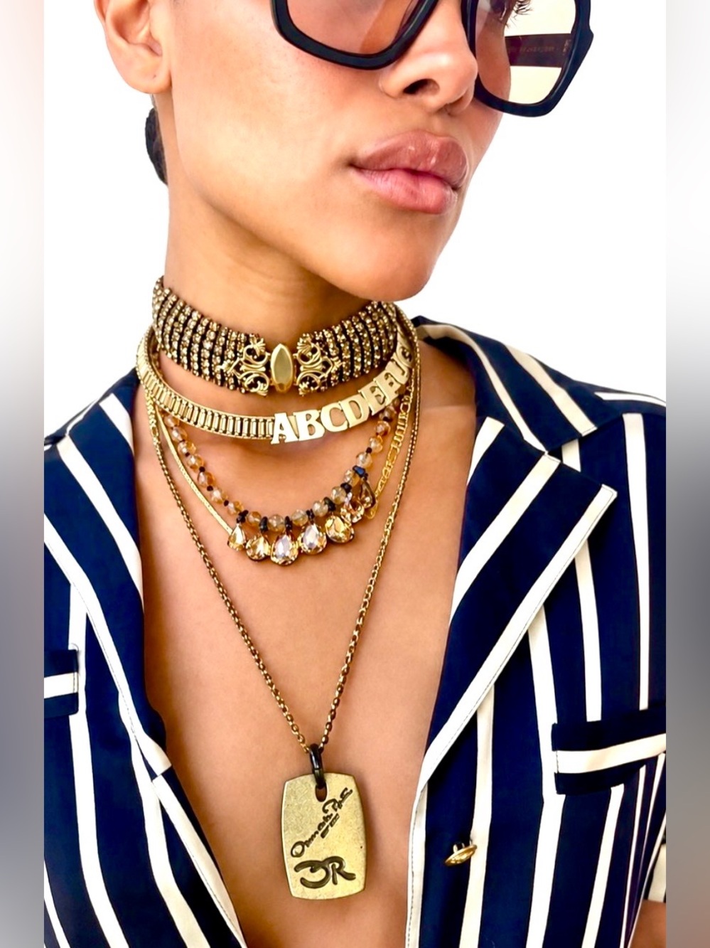 Oscar De La Renta Long Dog Tag Gold Chain Logo Layering Necklace
